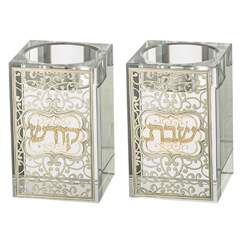 זוג פמוטי קריסטל מרובע עם פלקטה "עיטור" 8 ס״מ