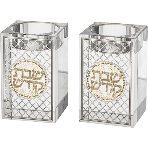 זוג פמוטי קריסטל מרובע עם פלקטה "עיטור" 8 ס״מ