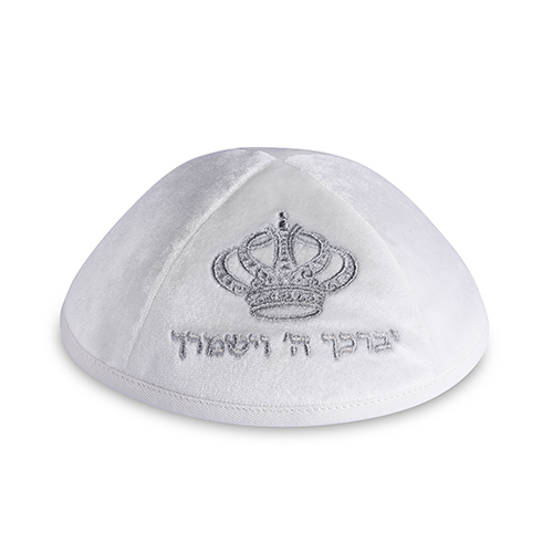 Velvet Kippah "Art-man" with Embroidery Size 4- White