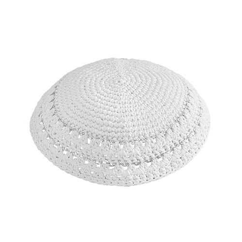 Knitted Kippah 17cm- White with 2 Silver Stripes