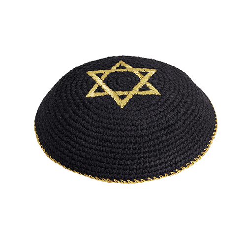 Knitted Kippah 16 cm- Black with Golden Magen David Embroidery
