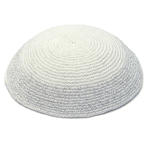Knitted Kippah 17 cm- White with Silver Line