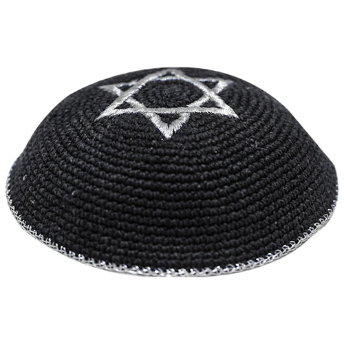 Knitted Kippah 16 cm- Black with Silver Magen David Embroidery