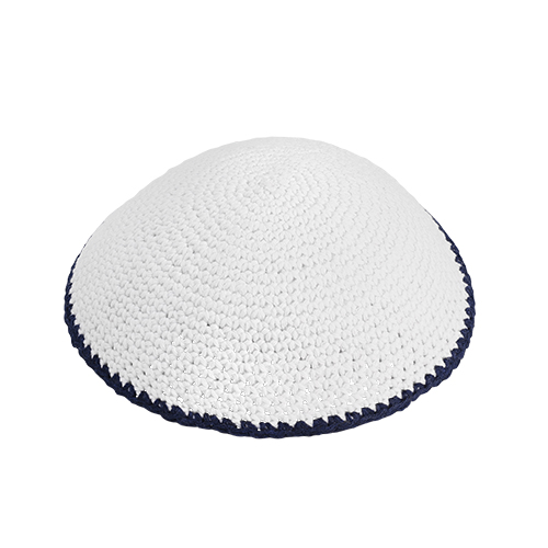 Knitted Kippah 17 cm- White with Blue Line