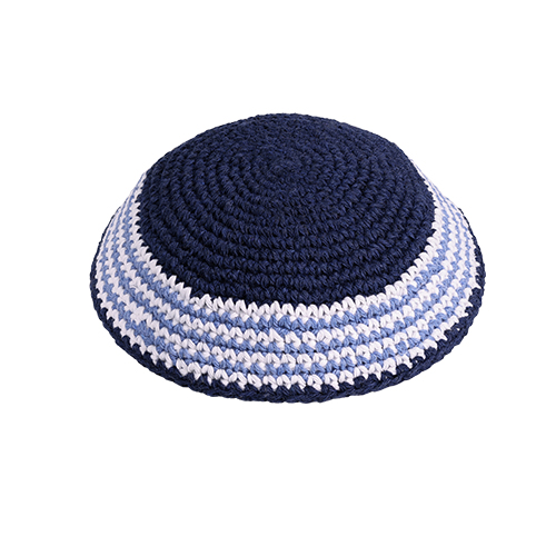 Knitted Kippah 16 cm- Blue with Blue Stripes - Dark Blue
