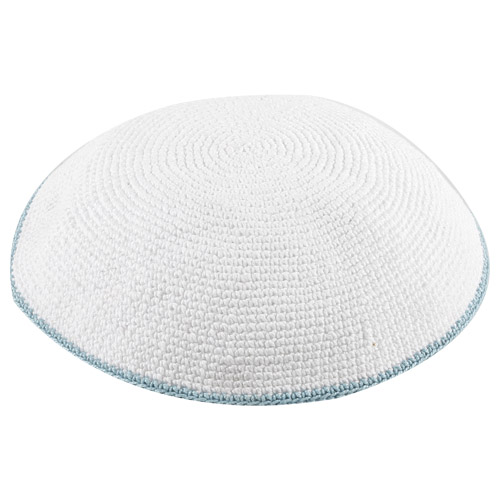 Knitted D.m.c Kippah 16 cm - White with Light Blue Rim