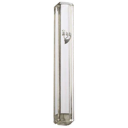 Plastic Clear Mezuzah with Rubber Cork 12 cm- with Silver Shin - Without Holes