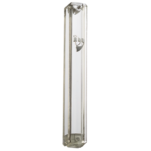 Clear Plastic Mezuzah with Rubber Cork 15 cm- with Silver Shin (28952)