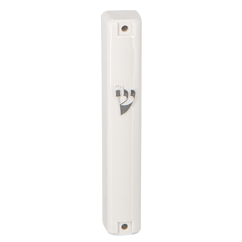 Plastic White Mezuzah with Rubber Cork 10 cm - with Silver Shin (29993)