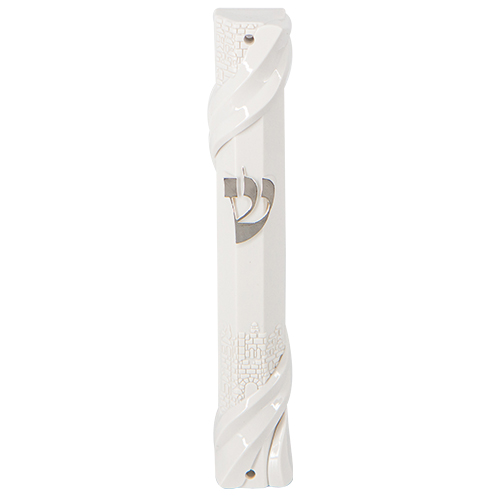 White Plastic Mezuzah 20 cm with Rubber Cork - "Jerusalem" Ornaments