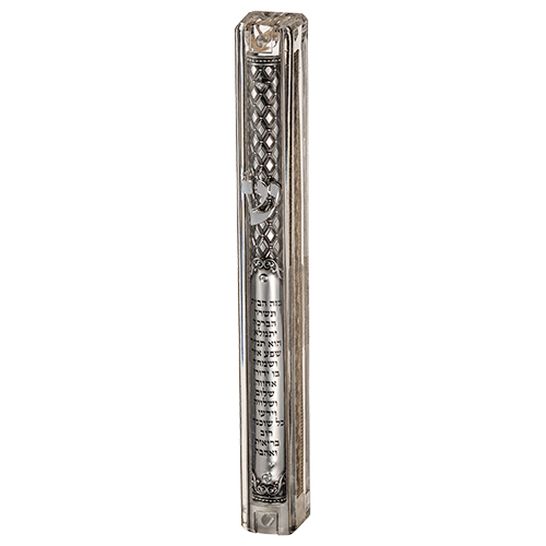 Clear Plastic Mezuzah with Rubber Cork 12 cm- with the Letter Shin and Plaque - Silver
