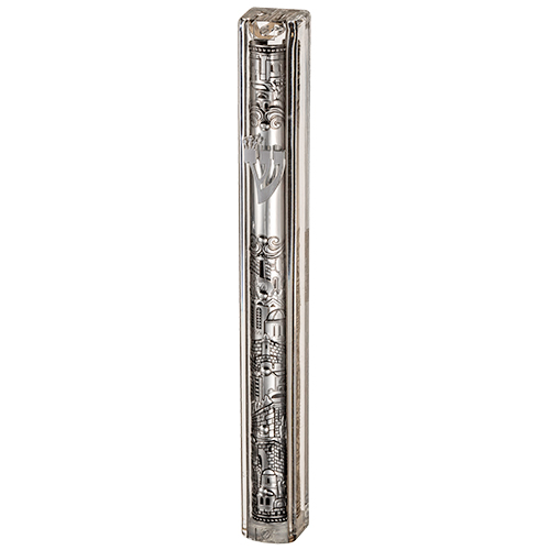 Clear Plastic Mezuzah with Rubber Cork 12 cm- with the Letter Shin and Plaque - Silver