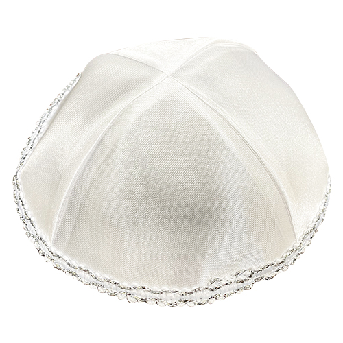 Satin Kippah 20cm- White with Silver Line