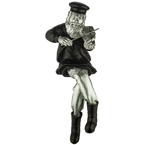 Polymer Sitting Hassidic Figurine with Cloth Legs 25 cm- Fiddler - Silver, Black
