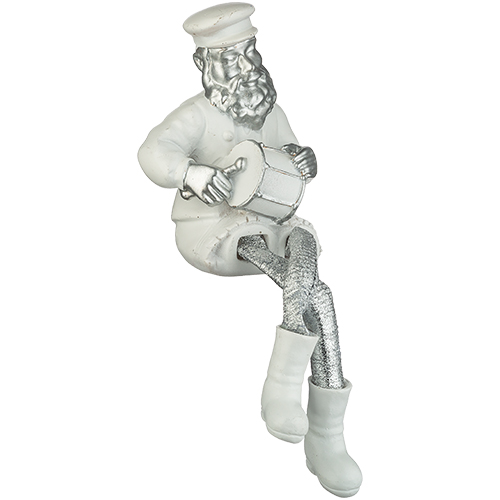 Polymer Sitting Hassidic Figurine with Black Cloth Legs 25 cm - Drum Player - Silver, White