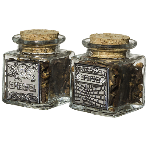 Glass Besamim Holder with Metal Plaque, Assorted Designs 6 cm