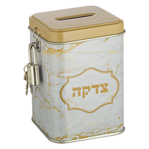 Tin Tzedakah Box 10 cm- Marble - Gold