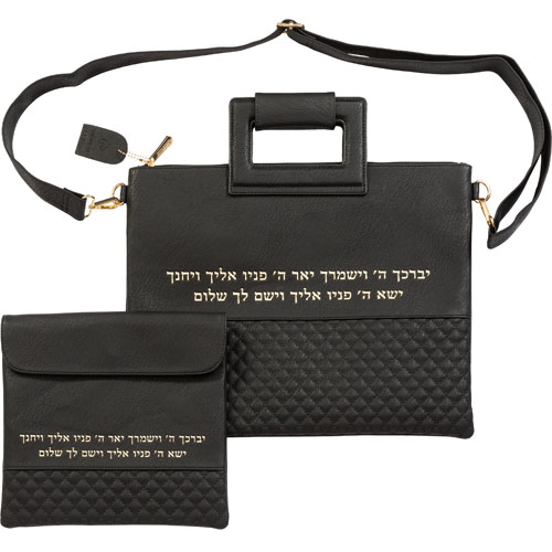 סט מפואר לטלית דמוי עור שחור אותיות בולטות
