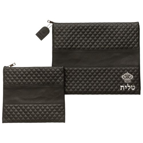 סט טלית תפילין דמוי עור שחור אותיות בולטות "כתר" כסף 36×29 ס״מ