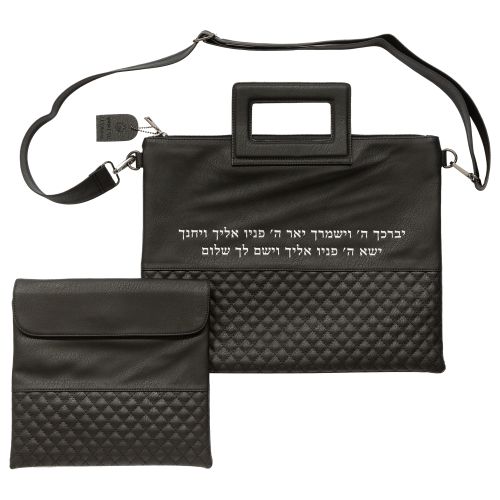 תיק מפואר לטלית דמוי עור שחור אותיות בולטות "ויברכ