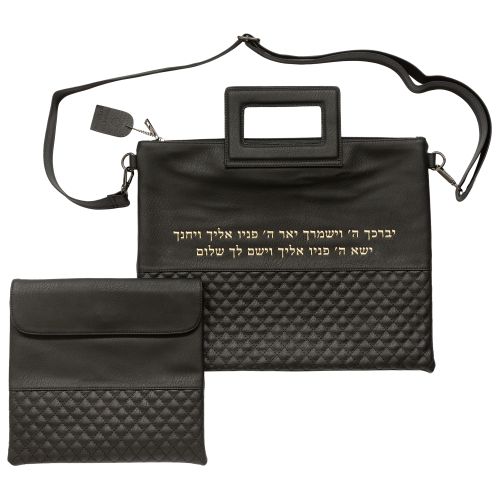 תיק מפואר לטלית דמוי עור שחור אותיות בולטות "ויברכך" זהב 31×38 ס״מ