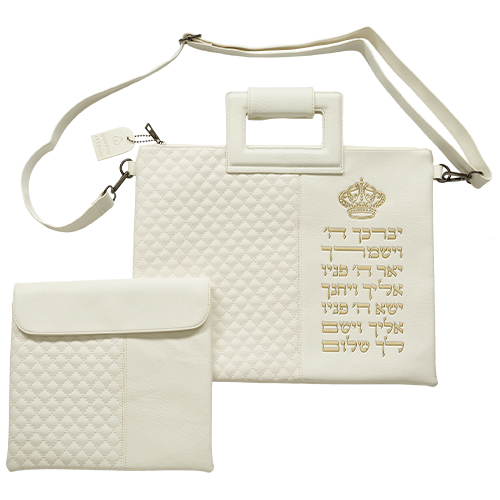 תיק מפואר לטלית דמוי עור לבן אותיות בולטות "וי
