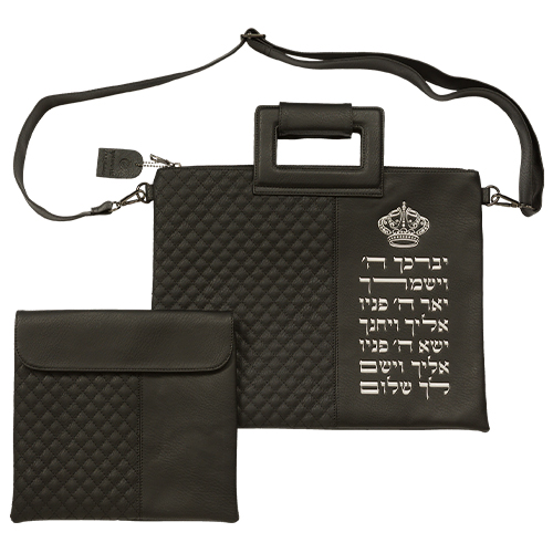 תיק מפואר לטלית דמוי עור שחור אותיות בולטות "וי