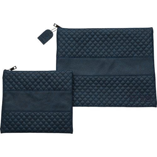Leatherette Tallit - Tefillin Set 36*29 cm with Bold Embroidery - Navy - Dark Blue