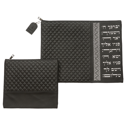סט טלית תפילין דמוי עור שחור אותיות בולטות "ויברכך" כסף 36×29 ס״מ