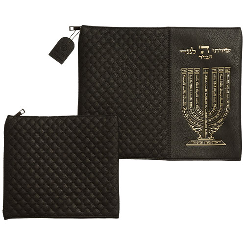 סט טלית תפילין דמוי עור שחור אותיות בולטות "שיויתי" זהב 36×29 ס״מ