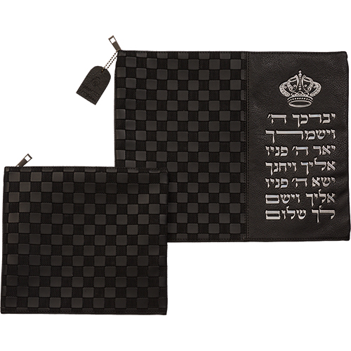 סט טלית תפילין דמוי עור אותיות בולטות "יברכך" כסף 31×38 ס״מ