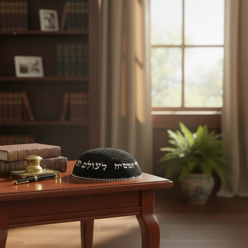 Knitted Kippah 16 cm- Black with Silver "Chabad" Embroidery
