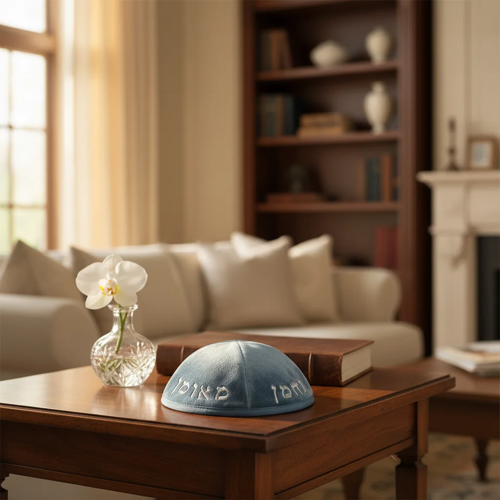 Velvet Kippah with Embroidery Size 4 - Silver, Blue