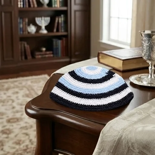 Frik Kippah 22 cm- Blue, Blue and Black Stripes - Light Blue, Brown