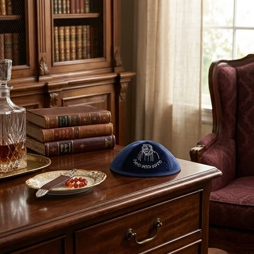 Velvet Kippah "Art-man" with Embroidery Size 3- Navy - Dark Blue