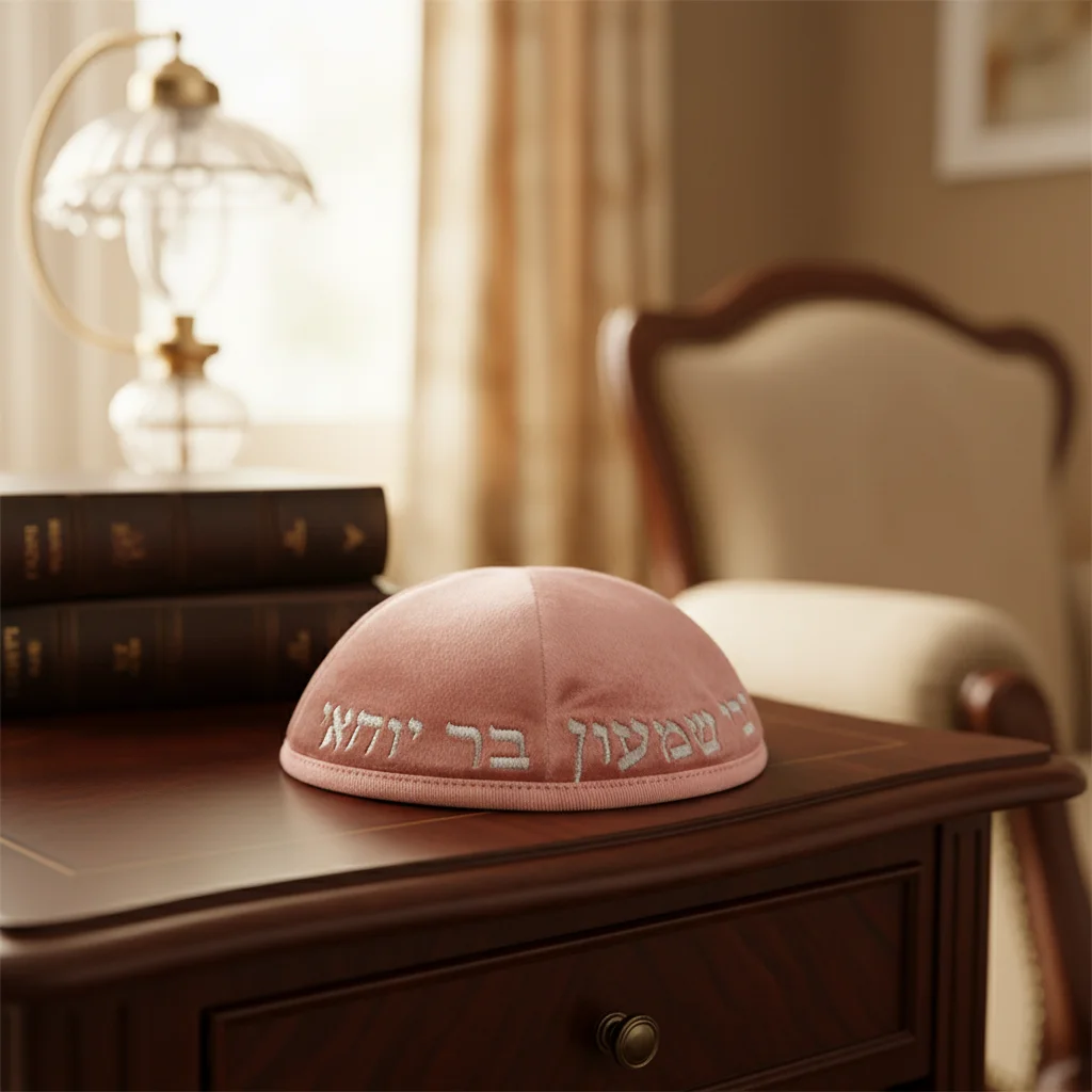 Velvet Kippah "Art-man" with Embroidery Size 3- Pink