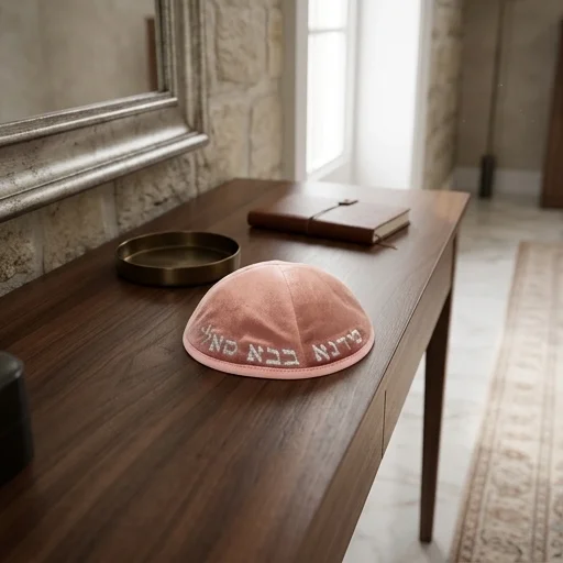 Velvet Kippah "Art-man" with Embroidery Size 3- Pink