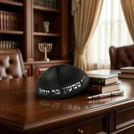 Velvet Kippah with Embossed Letters Size 4- Black