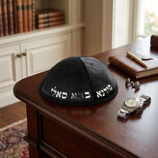 Velvet Kippah with Embossed Letters Size 4- Black