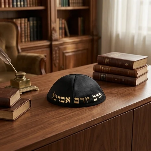 Velvet Kippah with Embossed Letters Size 4- Black