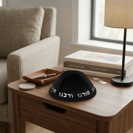 Velvet Kippah "Art-man" with Embossed Letters Size 4- Black - Silver