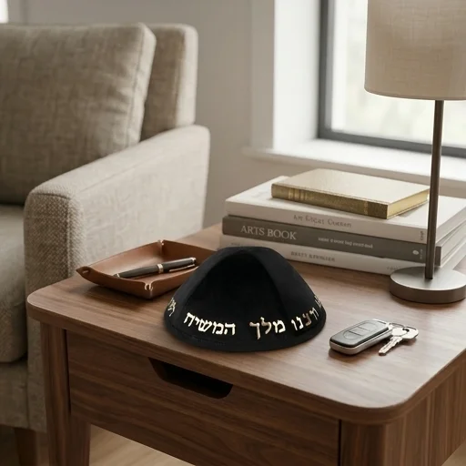 Velvet Kippah "Art-man" with Embossed Letters Size 4- Black - Gold