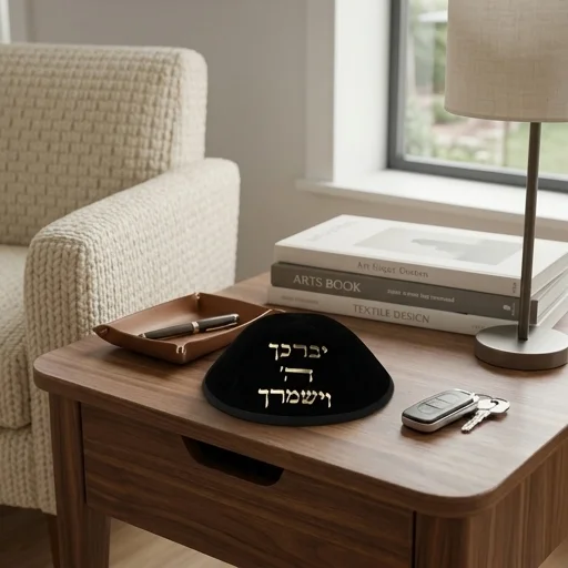 Velvet Kippah "Art-man" with Embossed Letters Size 4- Black - Gold