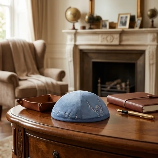 Velvet Kippah with Embroidery Size 3- Light Blue