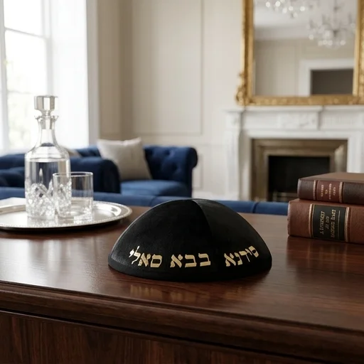 Velvet Kippah with Embossed Letters Size 4- Black