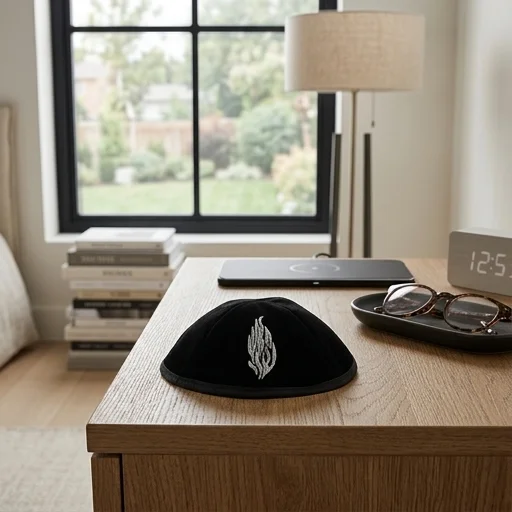 Velvet Plush Black Kippah 4 Parts, 19 cm Size 3 with Rim and Embroidery