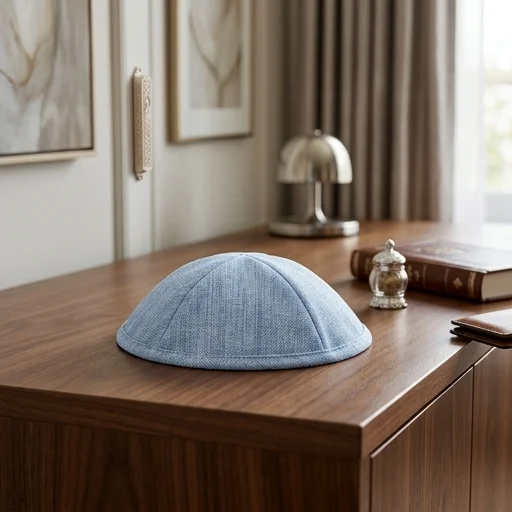 Elegant Fabric Kippah, 17 cm - White, Blue