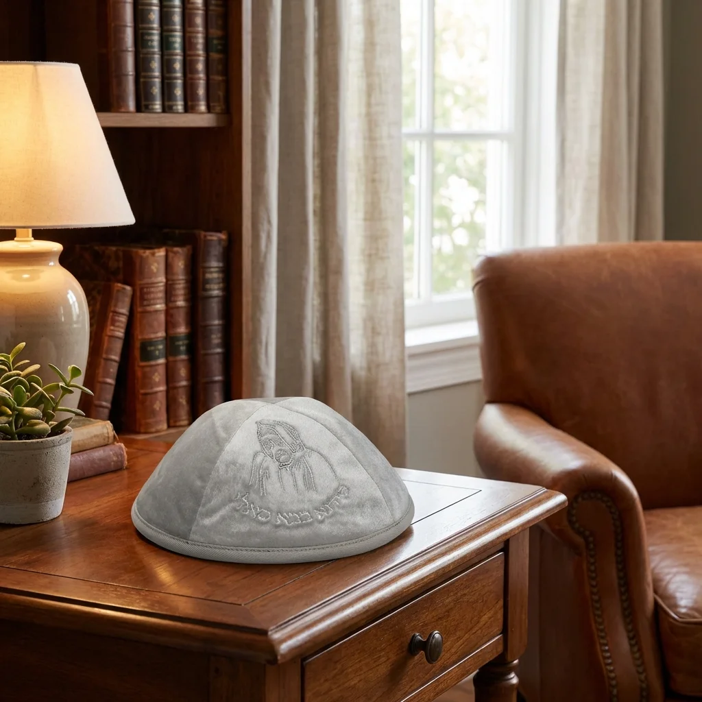Velvet Kippah with Embroidery Size 4- Light Gray