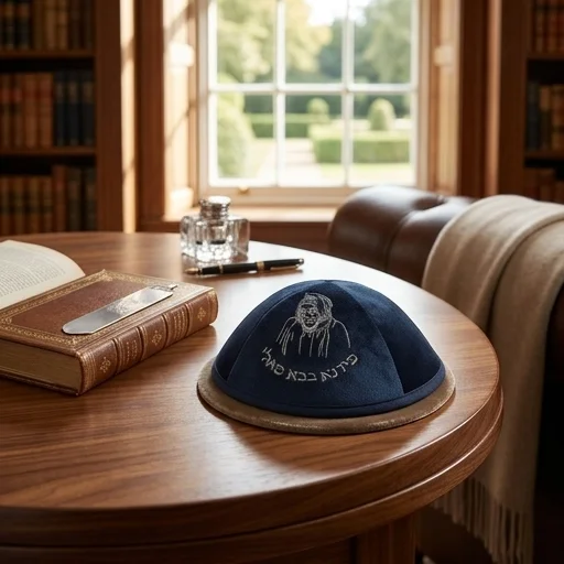 Velvet Kippah with Embroidery Size 4- Dark Blue
