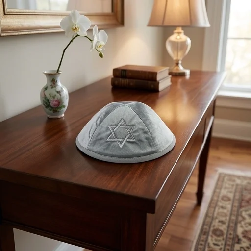 Velvet Kippah with Embroidery Size 4- Gray